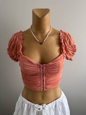 Coral Puff Sleeve Ruched Crop Top